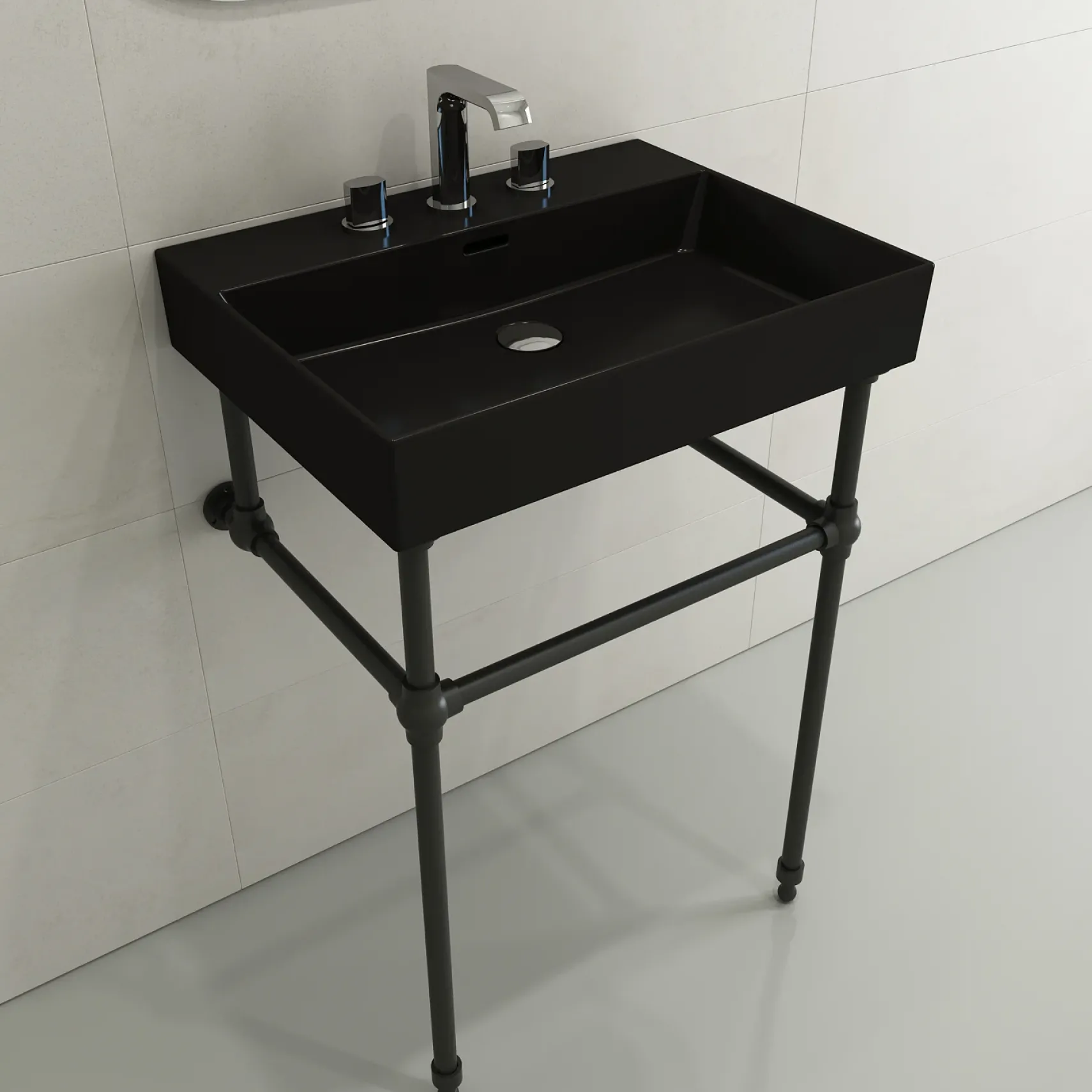 BOCCHI Milano 24" Rectangle Wallmount Fireclay Bathroom Sink, Matte Black, 3 Faucet Hole, 1376-004-0127