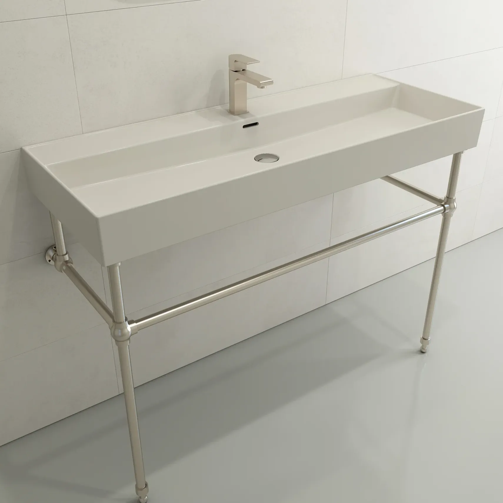BOCCHI Milano 48" Rectangle Wallmount Fireclay Bathroom Sink, Biscuit, Single Faucet Hole, 1394-014-0126