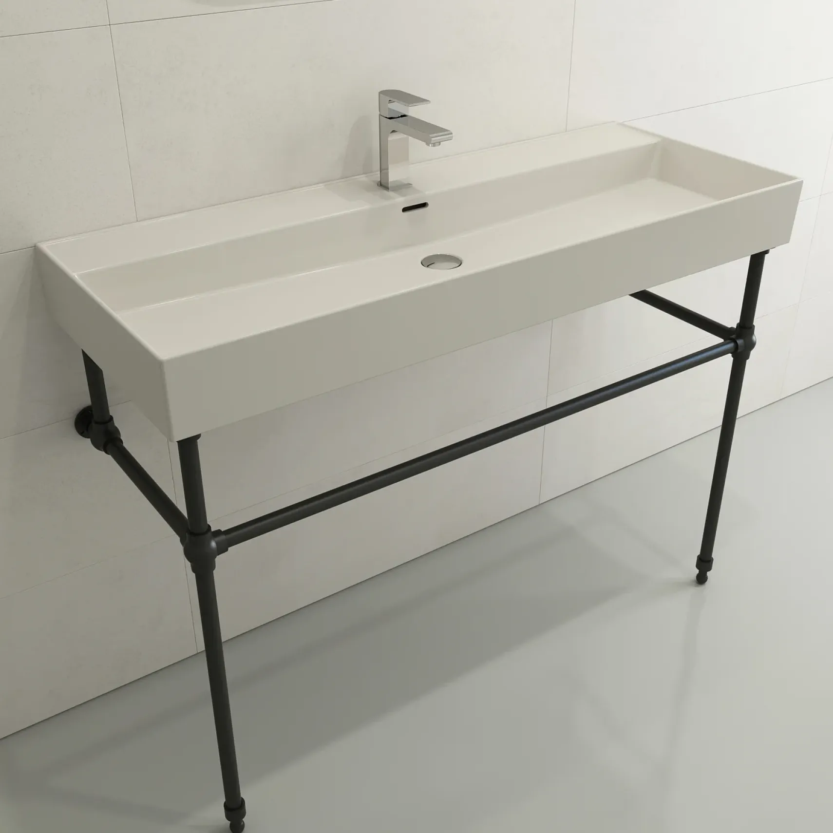 BOCCHI Milano 48" Rectangle Wallmount Fireclay Bathroom Sink, Biscuit, Single Faucet Hole, 1394-014-0126