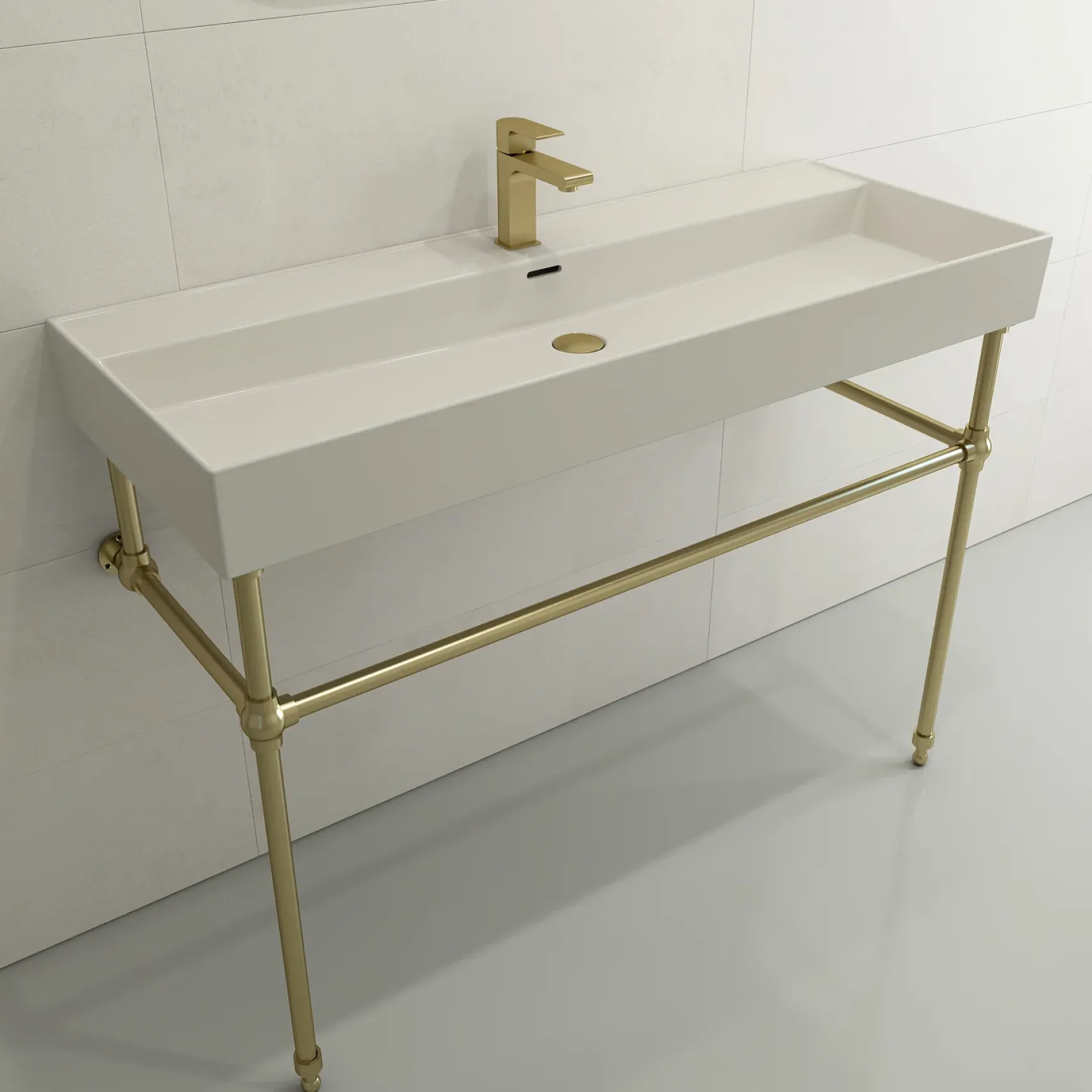 BOCCHI Milano 48" Rectangle Wallmount Fireclay Bathroom Sink, Biscuit, Single Faucet Hole, 1394-014-0126
