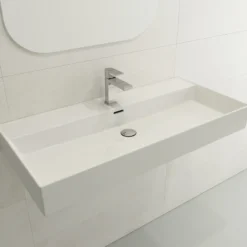 BOCCHI Milano 40" Rectangle Wallmount Fireclay Bathroom Sink, White, Single Faucet Hole, 1378-001-0126