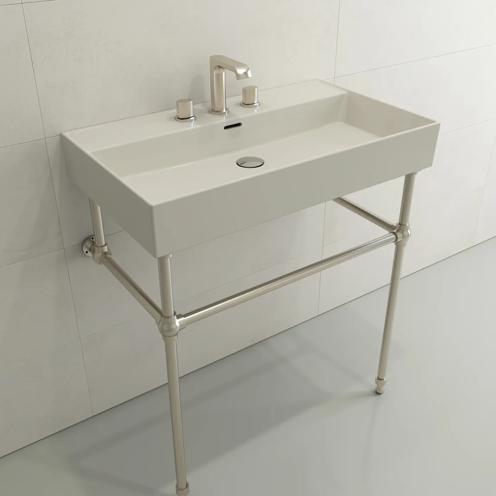 BOCCHI Milano 32" Rectangle Wallmount Fireclay Bathroom Sink, Biscuit, 3 Faucet Hole, 1377-014-0127