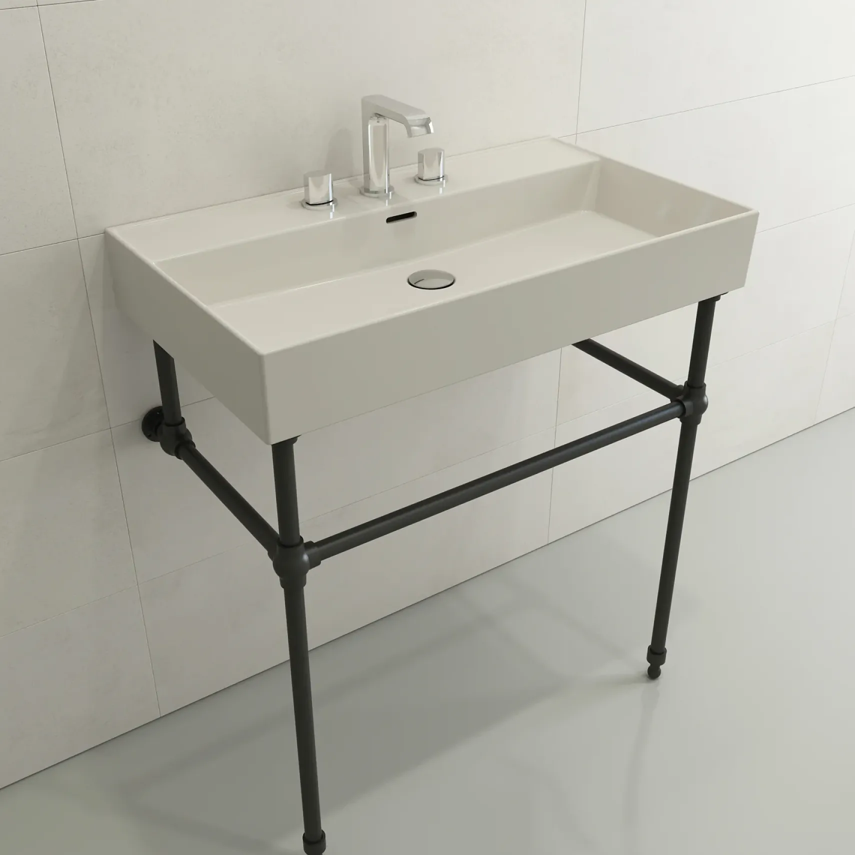 BOCCHI Milano 32" Rectangle Wallmount Fireclay Bathroom Sink, Biscuit, 3 Faucet Hole, 1377-014-0127