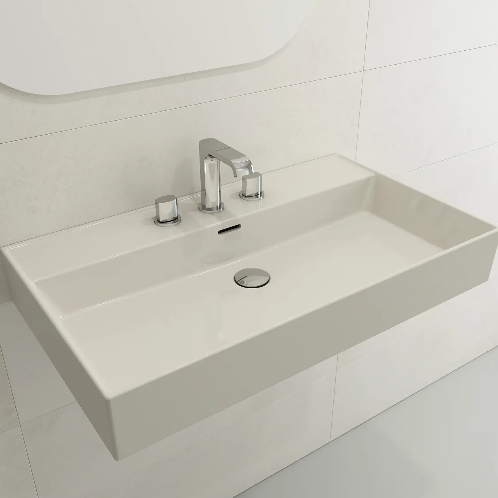 BOCCHI Milano 32" Rectangle Wallmount Fireclay Bathroom Sink, Biscuit, 3 Faucet Hole, 1377-014-0127