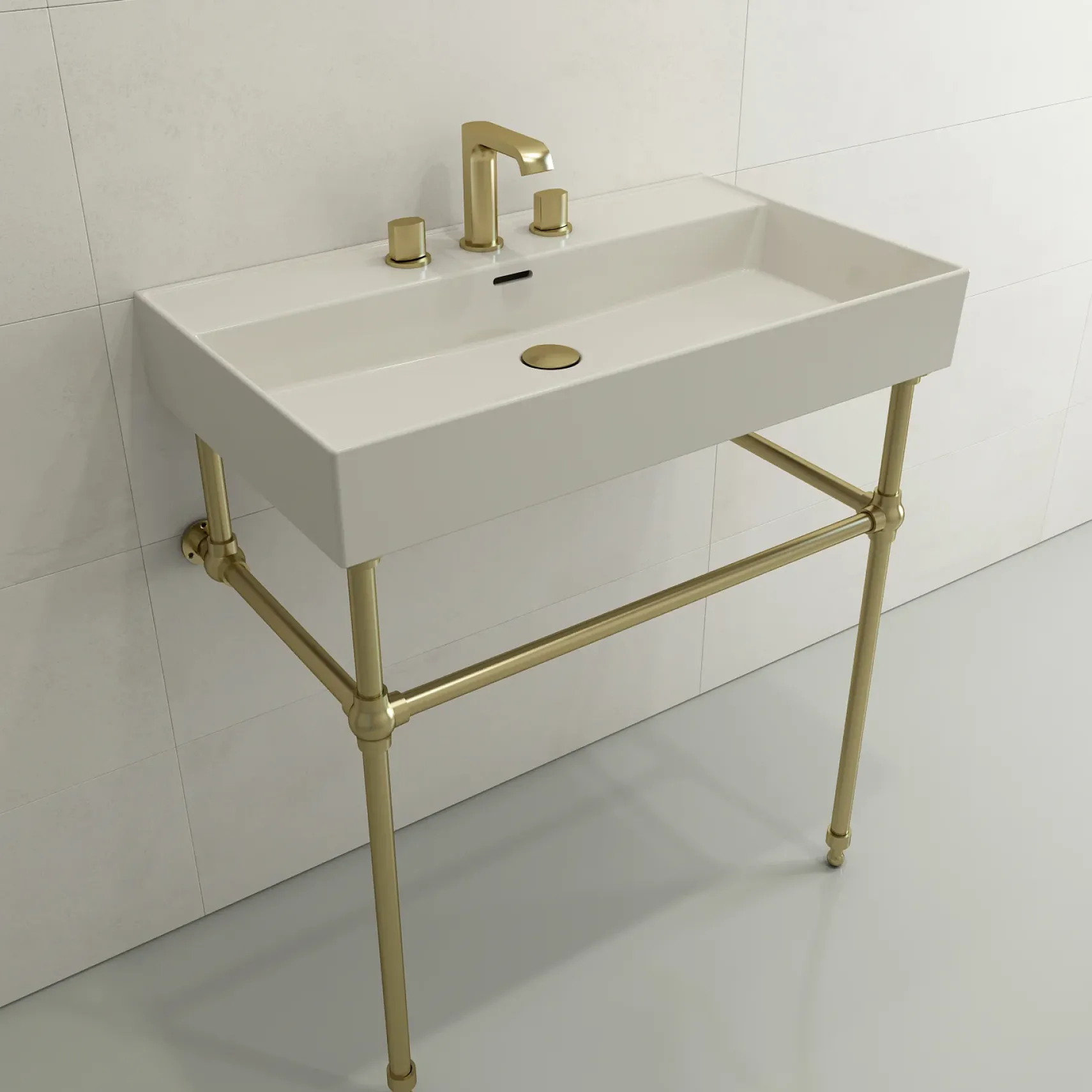 BOCCHI Milano 32" Rectangle Wallmount Fireclay Bathroom Sink, Biscuit, 3 Faucet Hole, 1377-014-0127