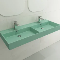 BOCCHI Milano 48" Rectangle Wallmount Fireclay Bathroom Sink, Double Basin, Matte Mint Green, Single Faucet Hole, 1393-033-0132