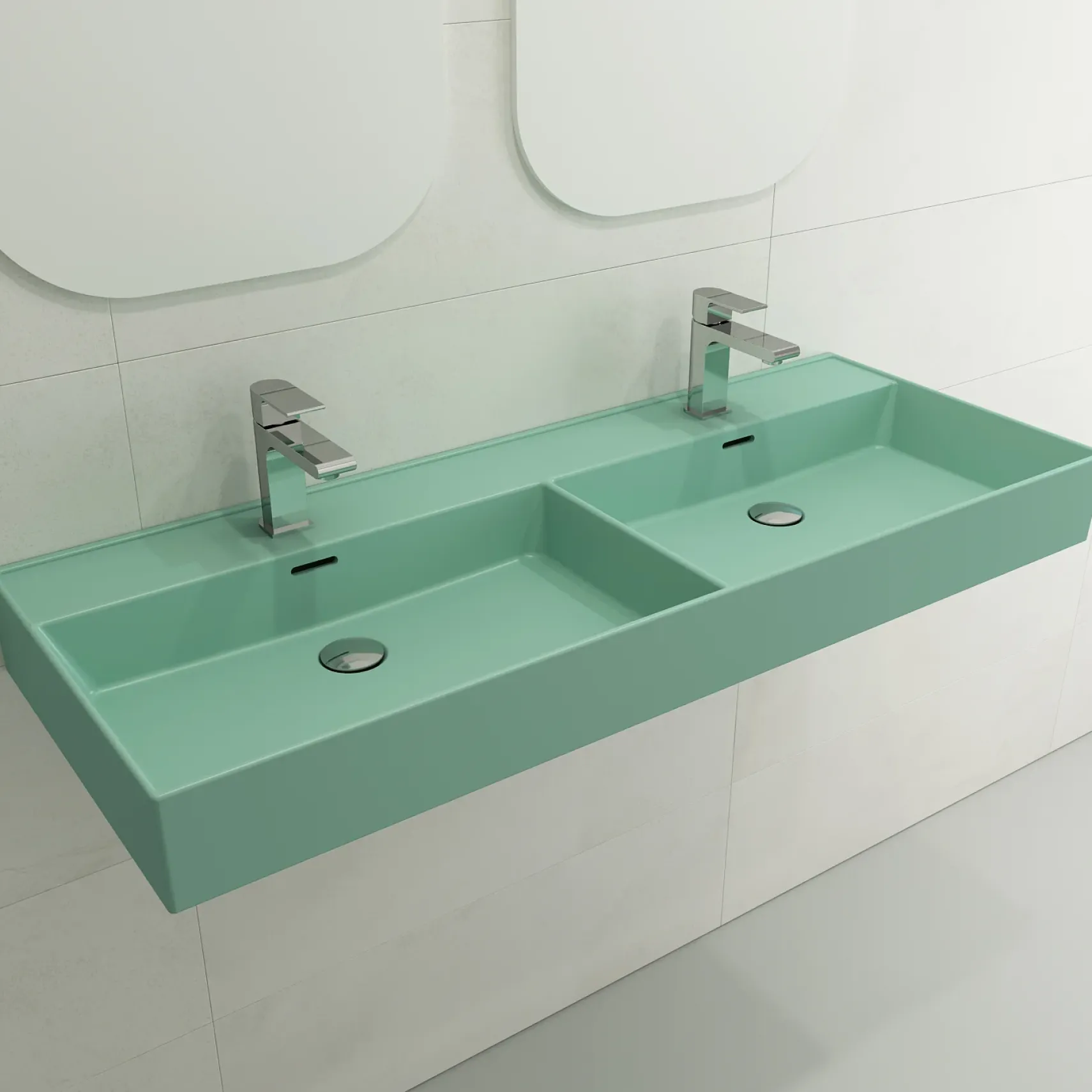BOCCHI Milano 48" Rectangle Wallmount Fireclay Bathroom Sink, Double Basin, Matte Mint Green, Single Faucet Hole, 1393-033-0132
