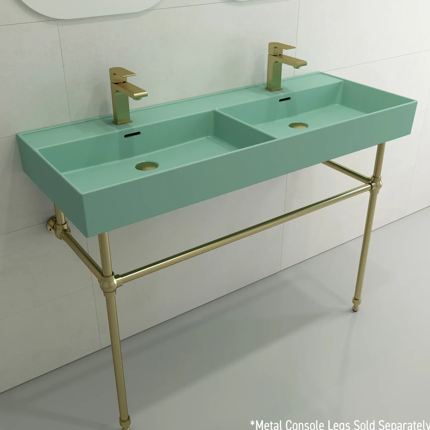 BOCCHI Milano 48" Rectangle Wallmount Fireclay Bathroom Sink, Double Basin, Matte Mint Green, Single Faucet Hole, 1393-033-0132