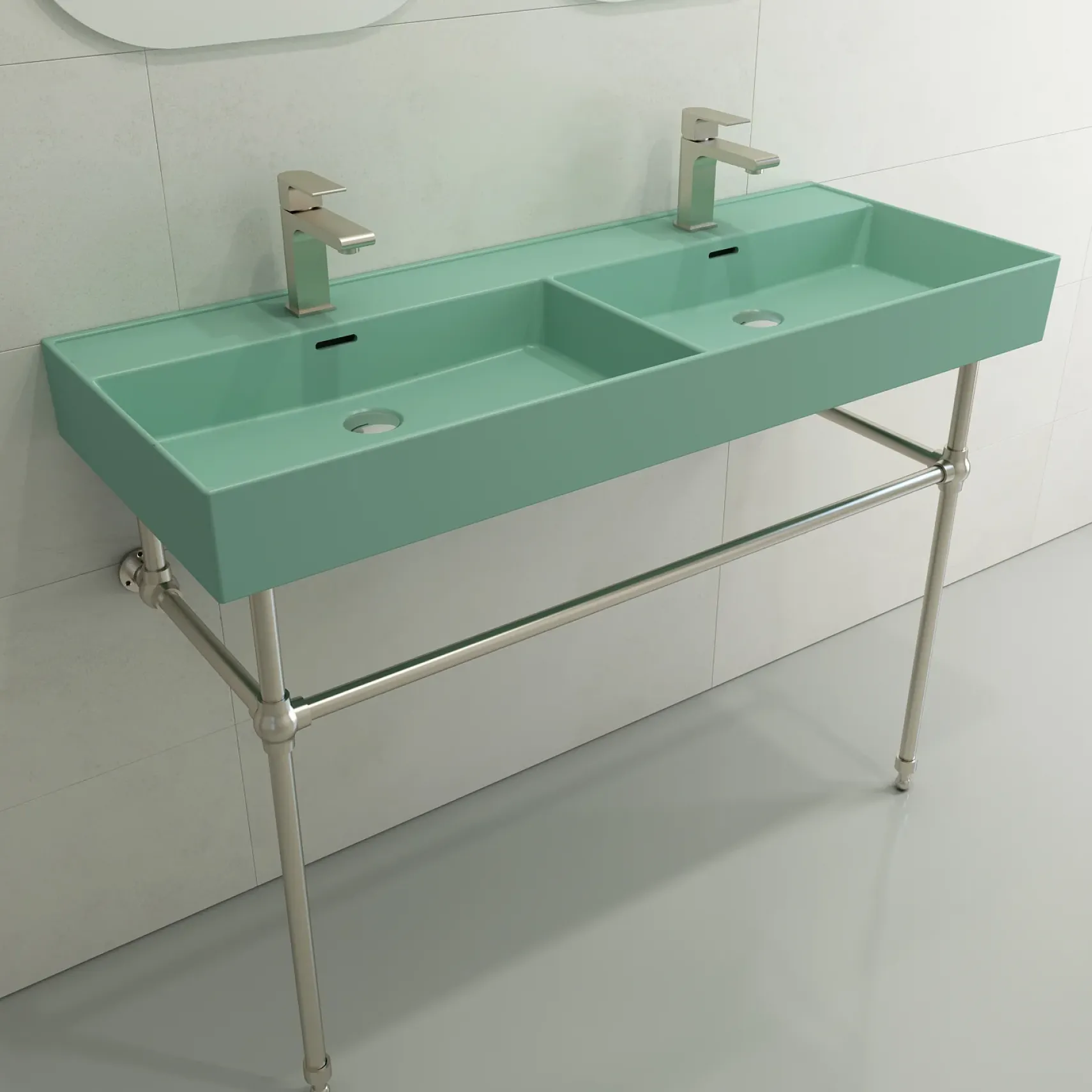 BOCCHI Milano 48" Rectangle Wallmount Fireclay Bathroom Sink, Double Basin, Matte Mint Green, Single Faucet Hole, 1393-033-0132