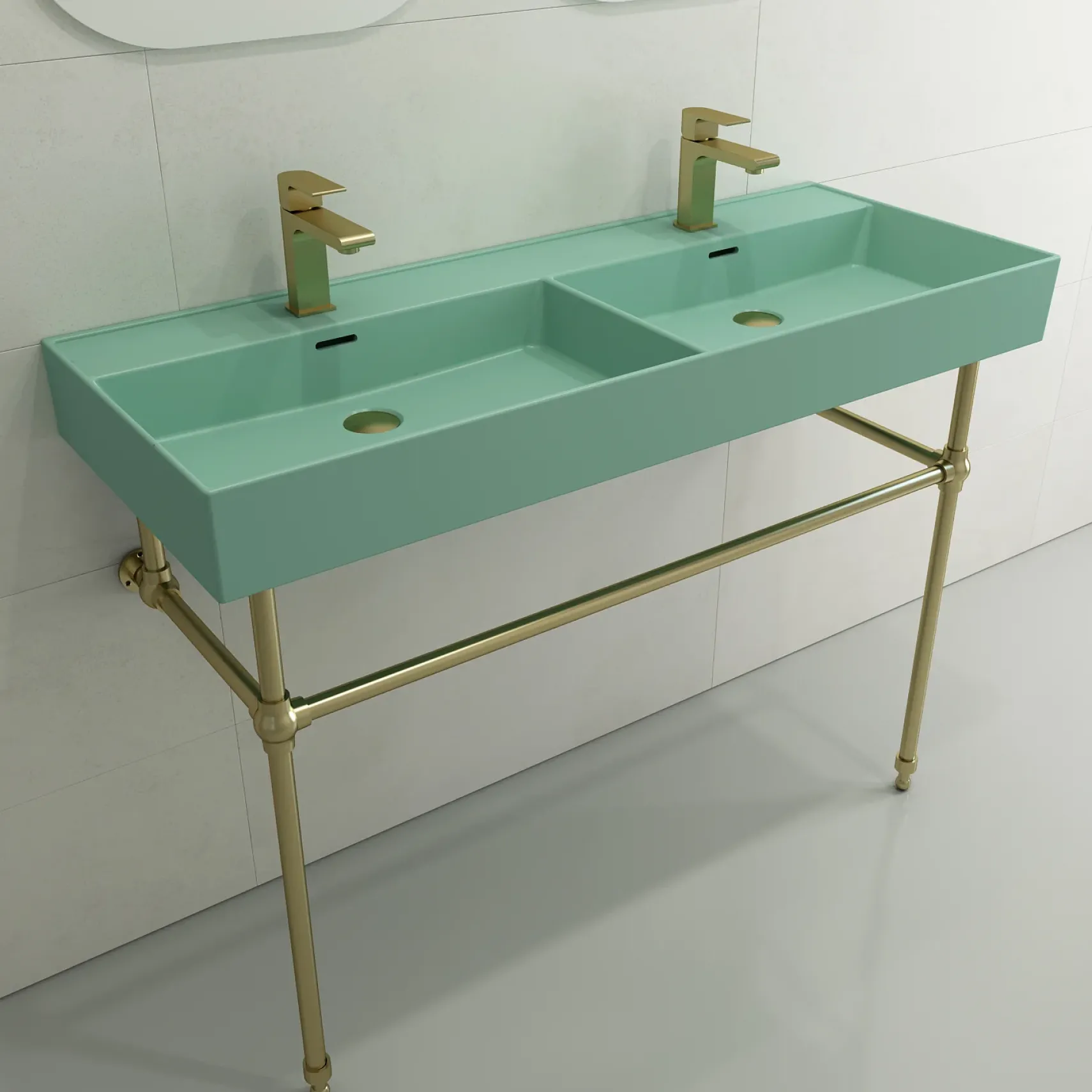 BOCCHI Milano 48" Rectangle Wallmount Fireclay Bathroom Sink, Double Basin, Matte Mint Green, Single Faucet Hole, 1393-033-0132