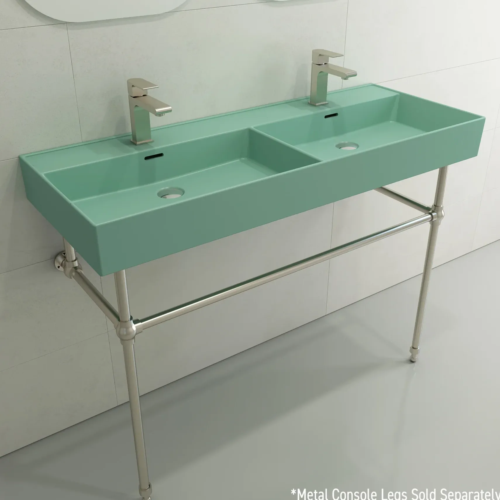 BOCCHI Milano 48" Rectangle Wallmount Fireclay Bathroom Sink, Double Basin, Matte Mint Green, Single Faucet Hole, 1393-033-0132