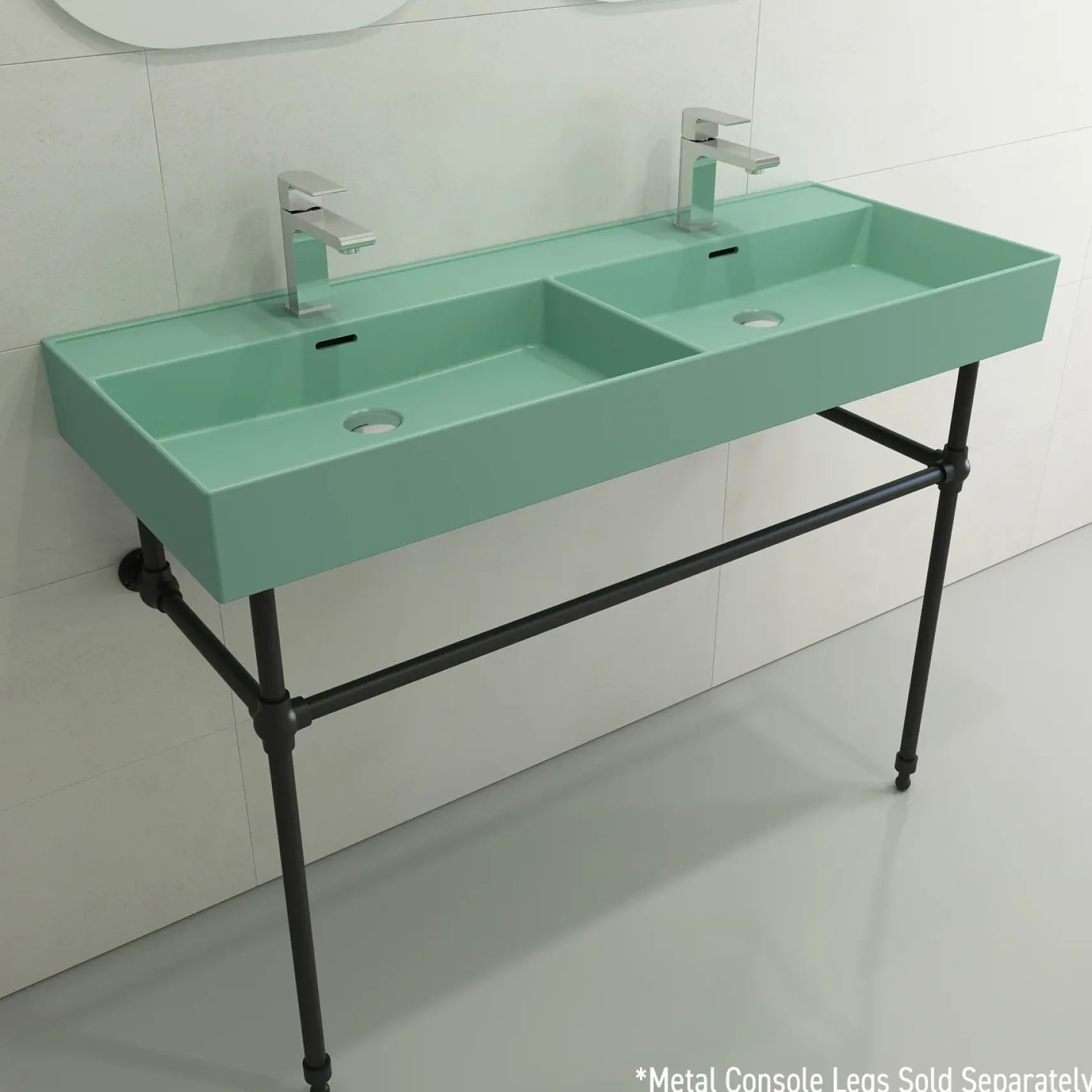 BOCCHI Milano 48" Rectangle Wallmount Fireclay Bathroom Sink, Double Basin, Matte Mint Green, Single Faucet Hole, 1393-033-0132