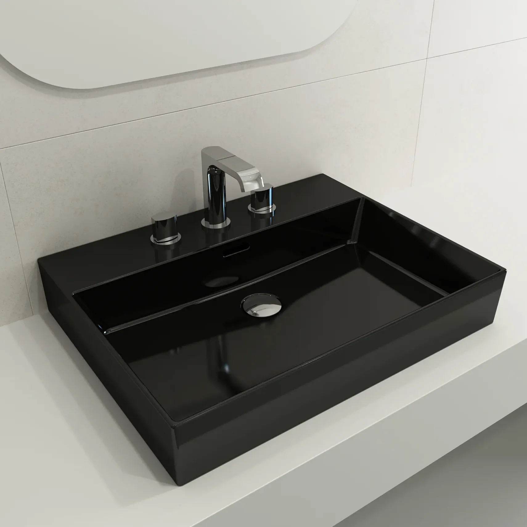 BOCCHI Milano 24" Rectangle Wallmount Fireclay Bathroom Sink, Black, 3 Faucet Hole, 1376-005-0127