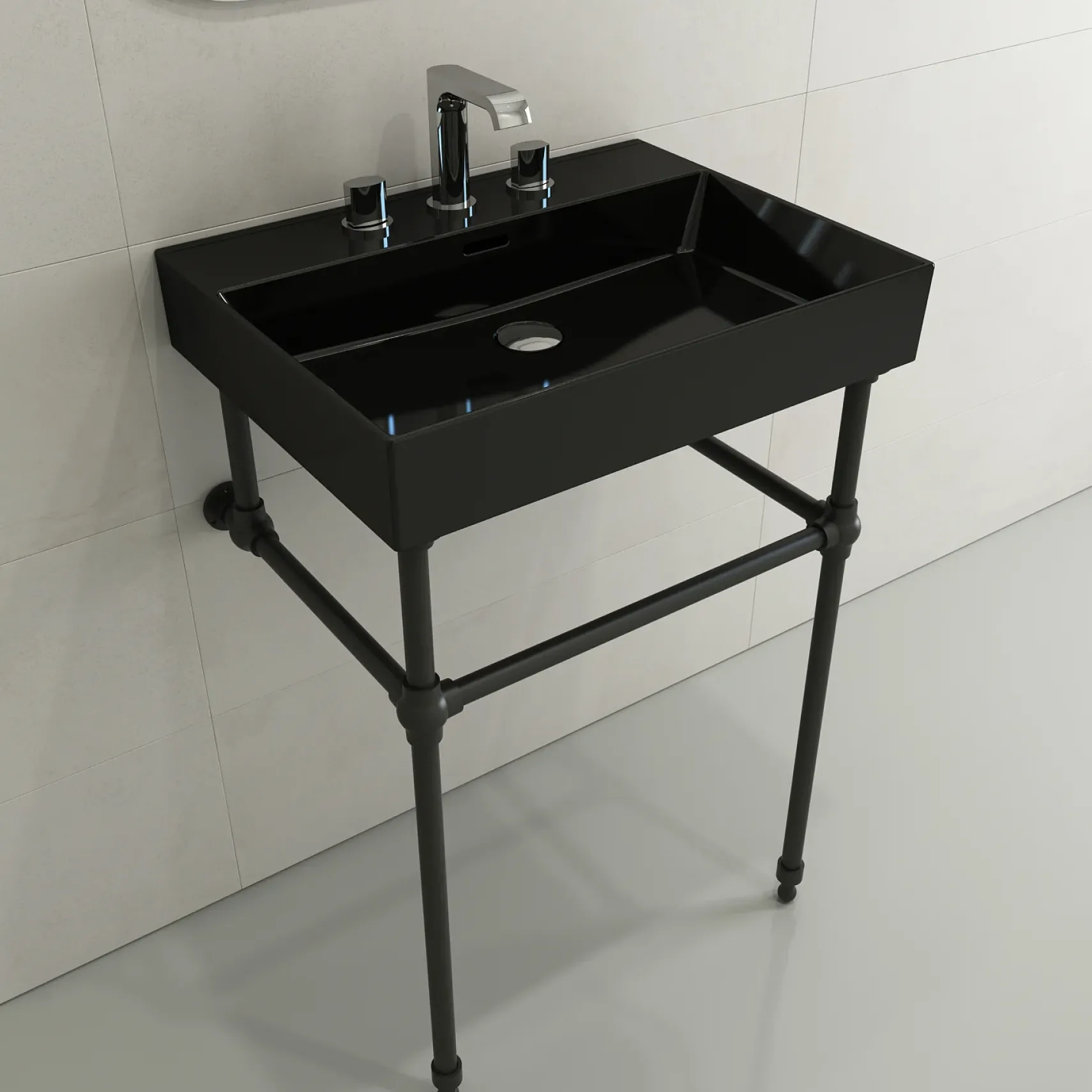 BOCCHI Milano 24" Rectangle Wallmount Fireclay Bathroom Sink, Black, 3 Faucet Hole, 1376-005-0127