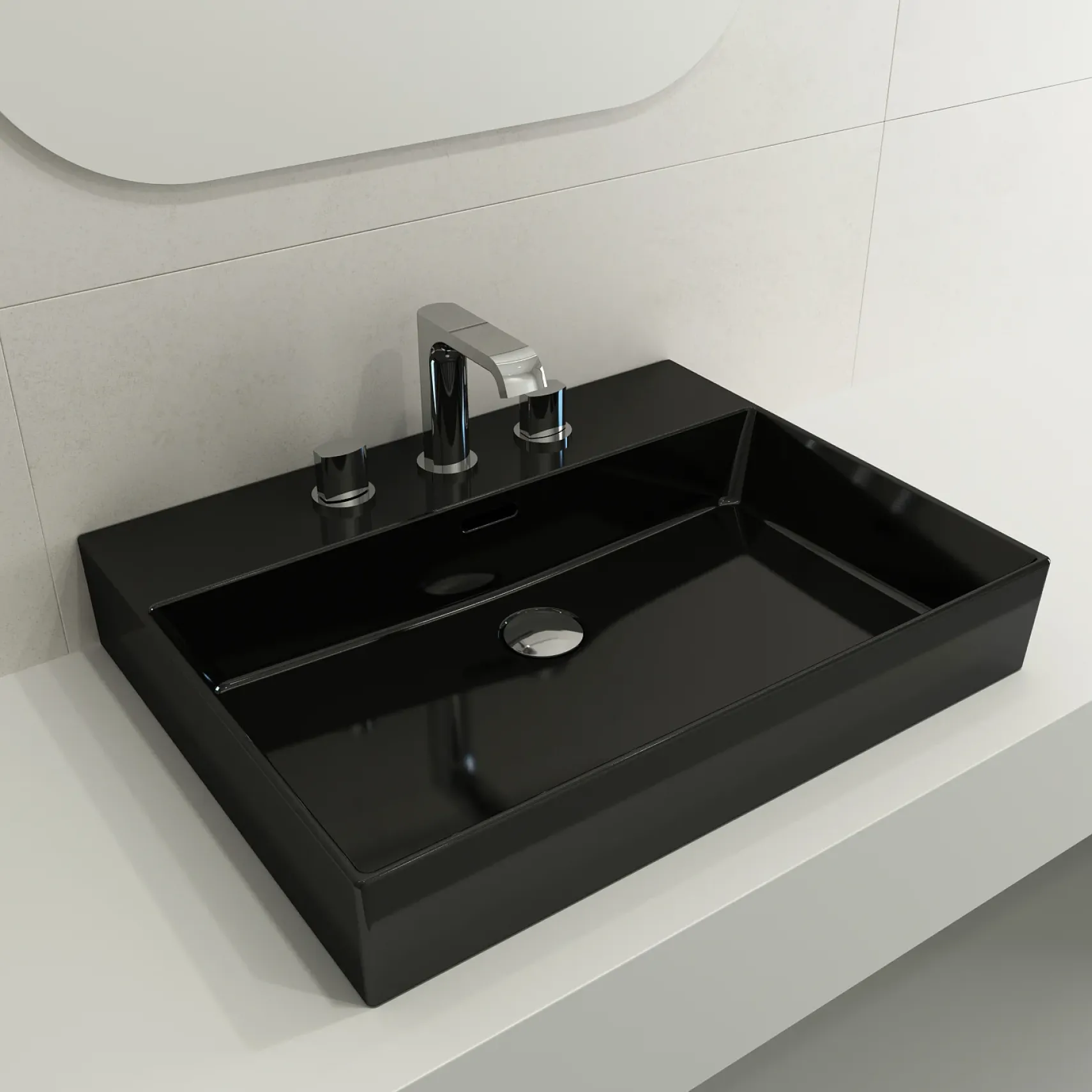 BOCCHI Milano 24" Rectangle Wallmount Fireclay Bathroom Sink, Black, 3 Faucet Hole, 1376-005-0127