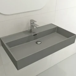 BOCCHI Milano 32" Rectangle Wallmount Fireclay Bathroom Sink, Matte Gray, Single Faucet Hole, 1377-006-0126