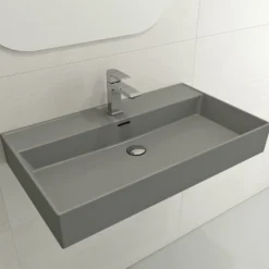 BOCCHI Milano 32" Rectangle Wallmount Fireclay Bathroom Sink, Matte Gray, Single Faucet Hole, 1377-006-0126