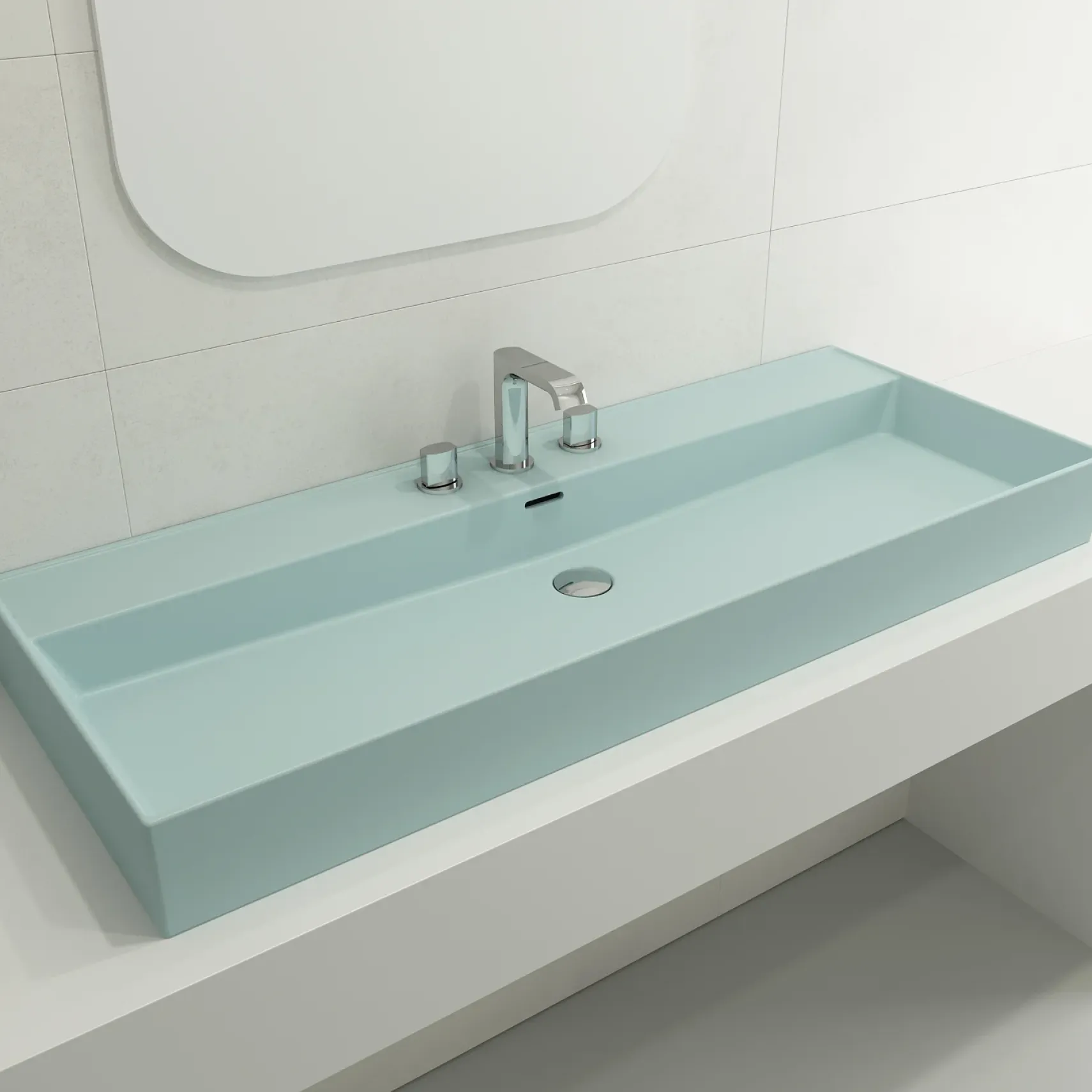 BOCCHI Milano 48" Rectangle Wallmount Fireclay Bathroom Sink, Matte Ice Blue, 3 Faucet Hole, 1394-029-0127