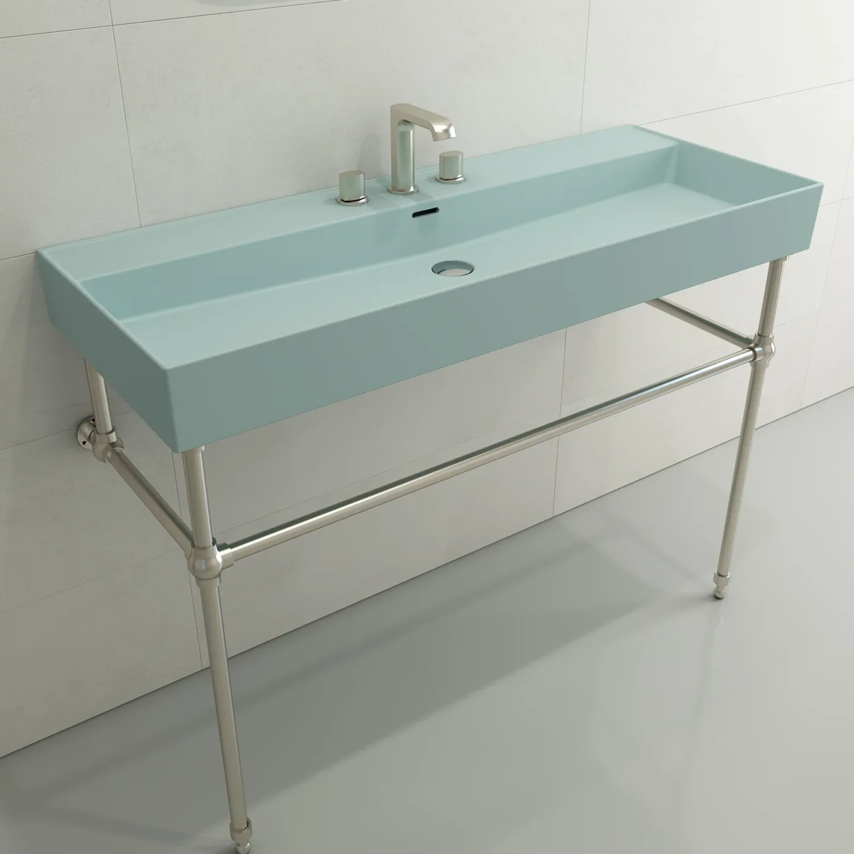 BOCCHI Milano 48" Rectangle Wallmount Fireclay Bathroom Sink, Matte Ice Blue, 3 Faucet Hole, 1394-029-0127