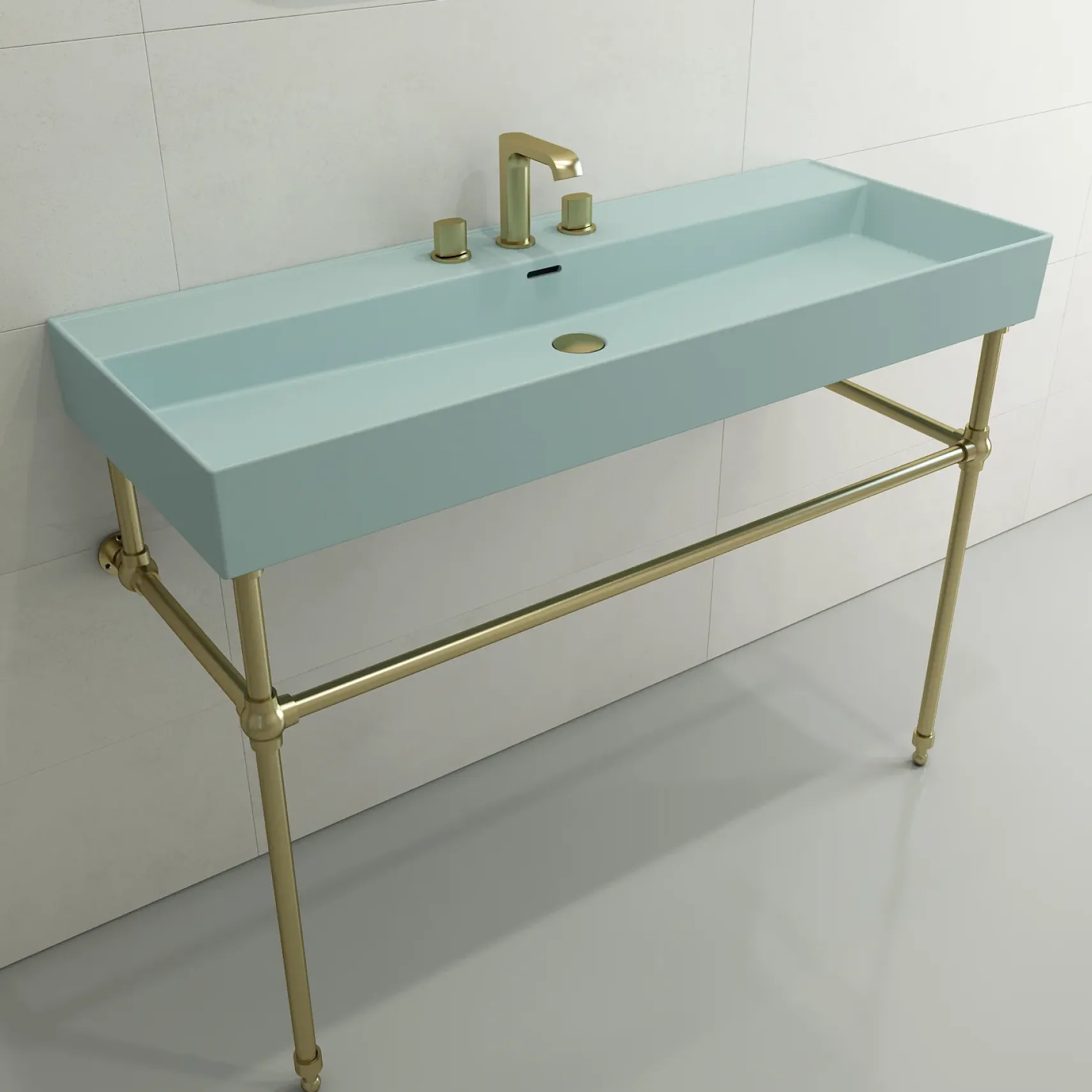 BOCCHI Milano 48" Rectangle Wallmount Fireclay Bathroom Sink, Matte Ice Blue, 3 Faucet Hole, 1394-029-0127