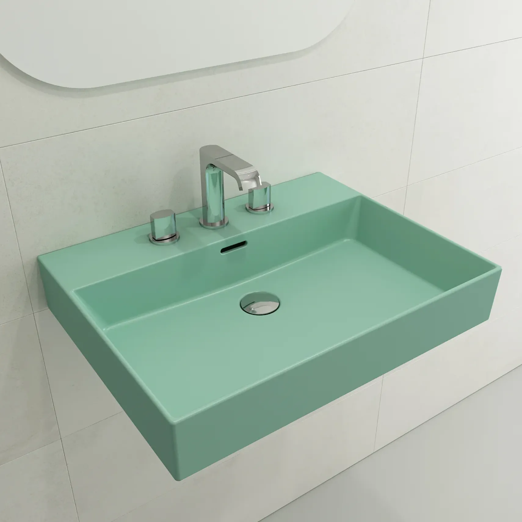 BOCCHI Milano 24" Rectangle Wallmount Fireclay Bathroom Sink, Matte Mint Green, 3 Faucet Hole, 1376-033-0127