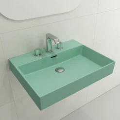 BOCCHI Milano 24" Rectangle Wallmount Fireclay Bathroom Sink, Matte Mint Green, 3 Faucet Hole, 1376-033-0127