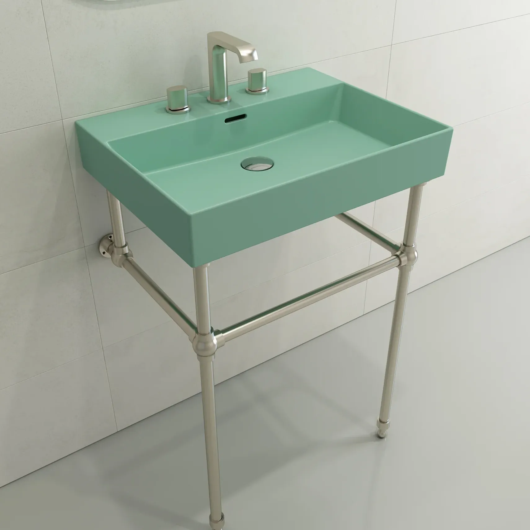BOCCHI Milano 24" Rectangle Wallmount Fireclay Bathroom Sink, Matte Mint Green, 3 Faucet Hole, 1376-033-0127