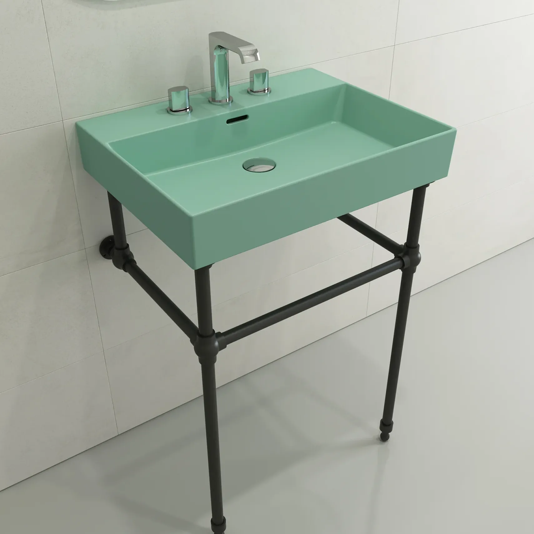 BOCCHI Milano 24" Rectangle Wallmount Fireclay Bathroom Sink, Matte Mint Green, 3 Faucet Hole, 1376-033-0127