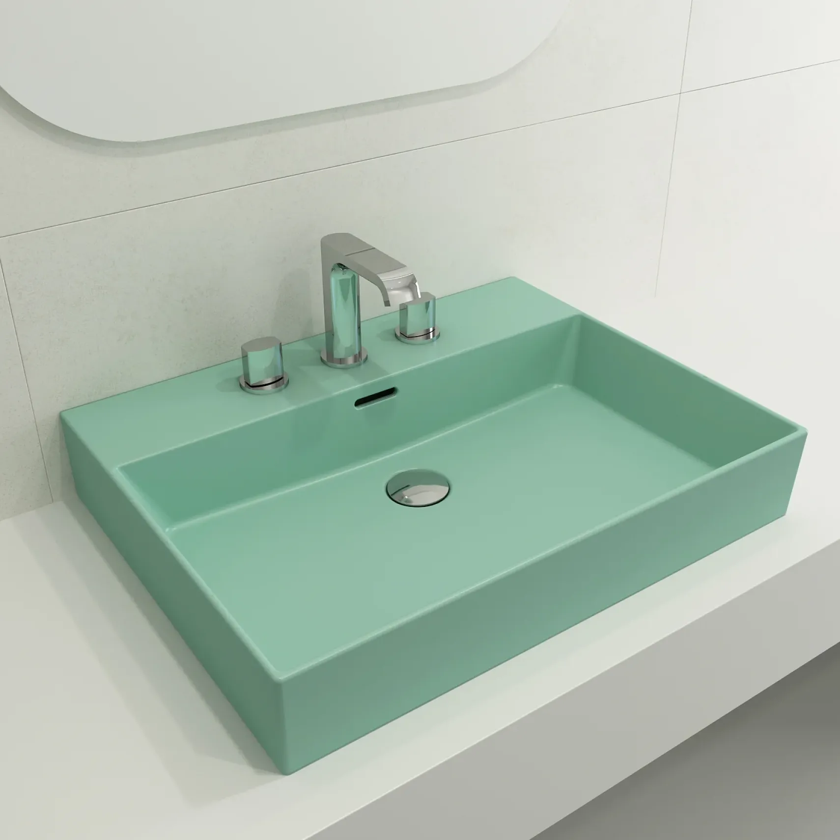 BOCCHI Milano 24" Rectangle Wallmount Fireclay Bathroom Sink, Matte Mint Green, 3 Faucet Hole, 1376-033-0127