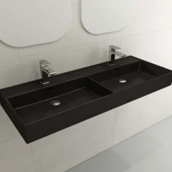 BOCCHI Milano 48" Rectangle Wallmount Fireclay Bathroom Sink, Double Basin, Matte Black, Single Faucet Hole, 1393-004-0132
