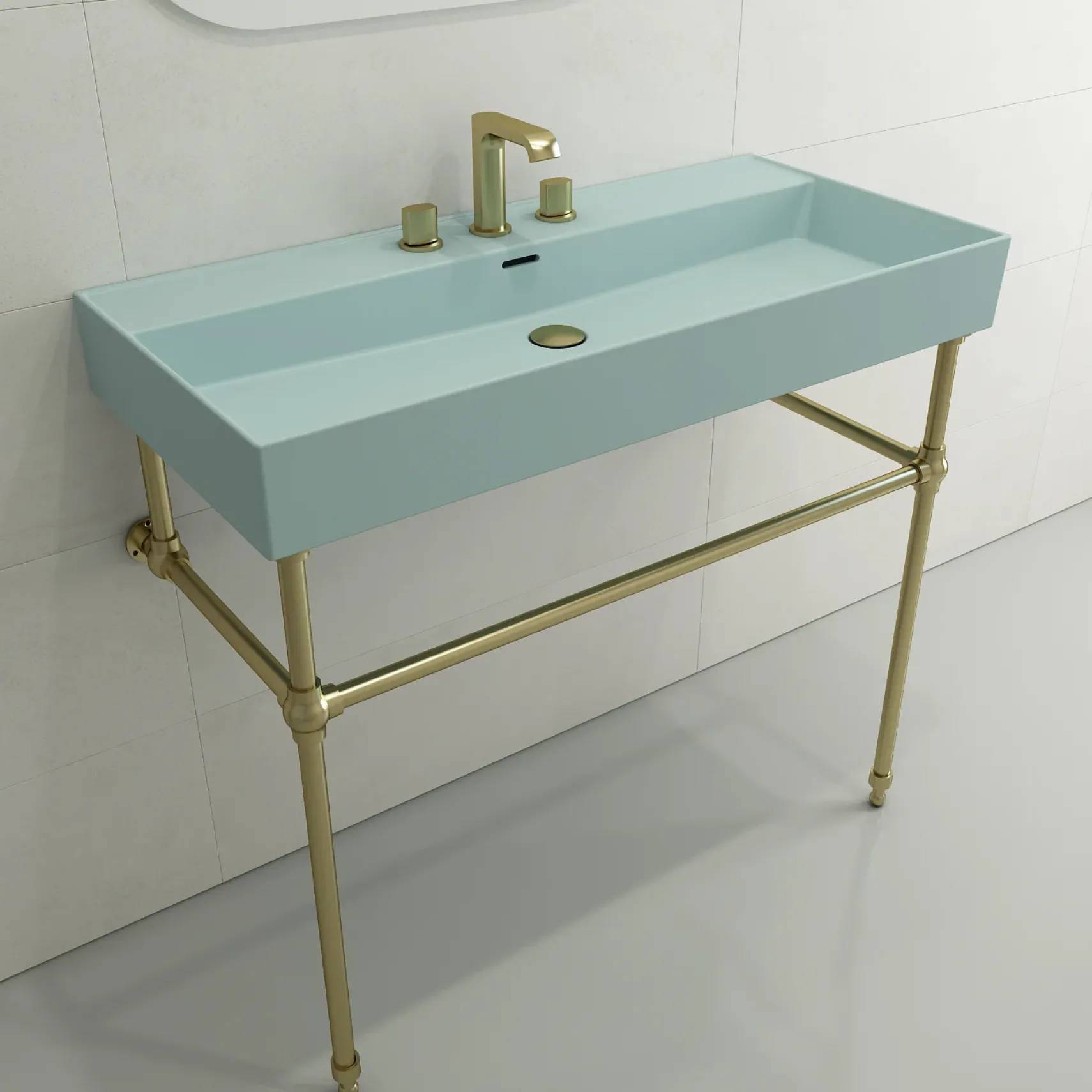 BOCCHI Milano 40" Rectangle Wallmount Fireclay Bathroom Sink, Matte Ice Blue, 3 Faucet Hole, 1378-029-0127