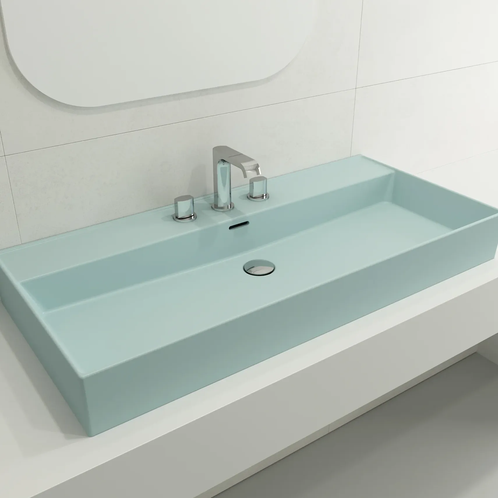 BOCCHI Milano 40" Rectangle Wallmount Fireclay Bathroom Sink, Matte Ice Blue, 3 Faucet Hole, 1378-029-0127