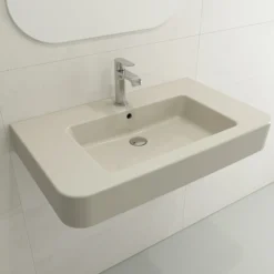 BOCCHI Parma 34" Rectangle Wallmount Fireclay Bathroom Sink, Biscuit, Single Faucet Hole, 1124-014-0126
