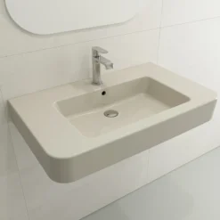 BOCCHI Parma 34" Rectangle Wallmount Fireclay Bathroom Sink, Biscuit, Single Faucet Hole, 1124-014-0126