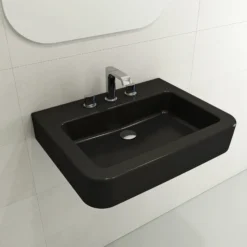 BOCCHI Parma 26" Rectangle Wallmount Fireclay Bathroom Sink, Matte Black, 3 Faucet Hole, 1123-004-0127