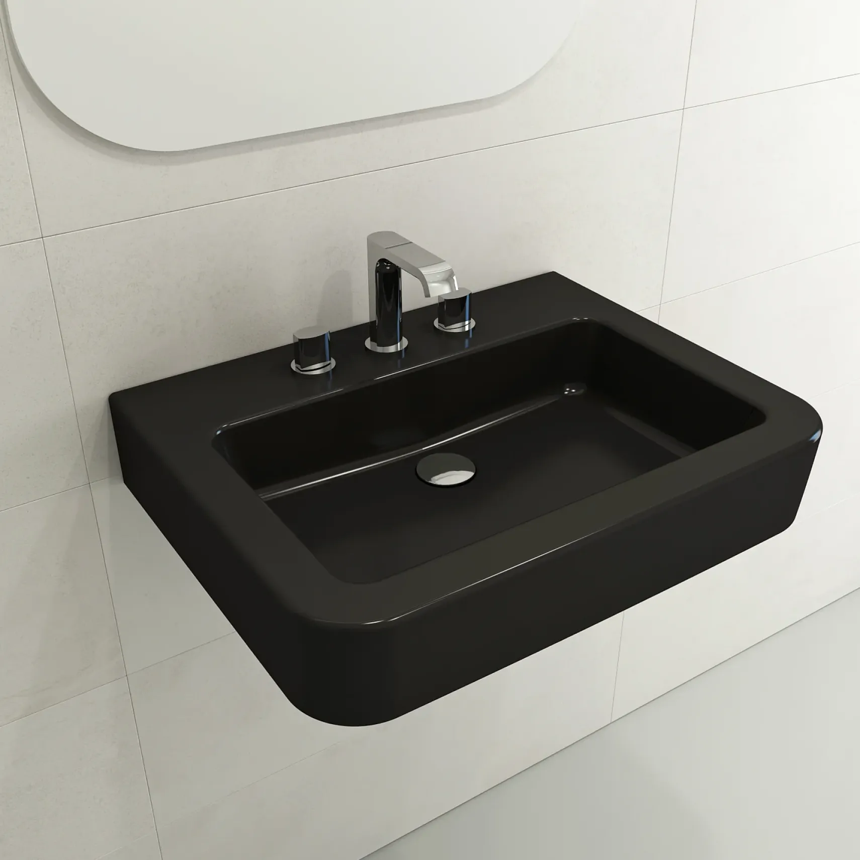 BOCCHI Parma 26" Rectangle Wallmount Fireclay Bathroom Sink, Matte Black, 3 Faucet Hole, 1123-004-0127