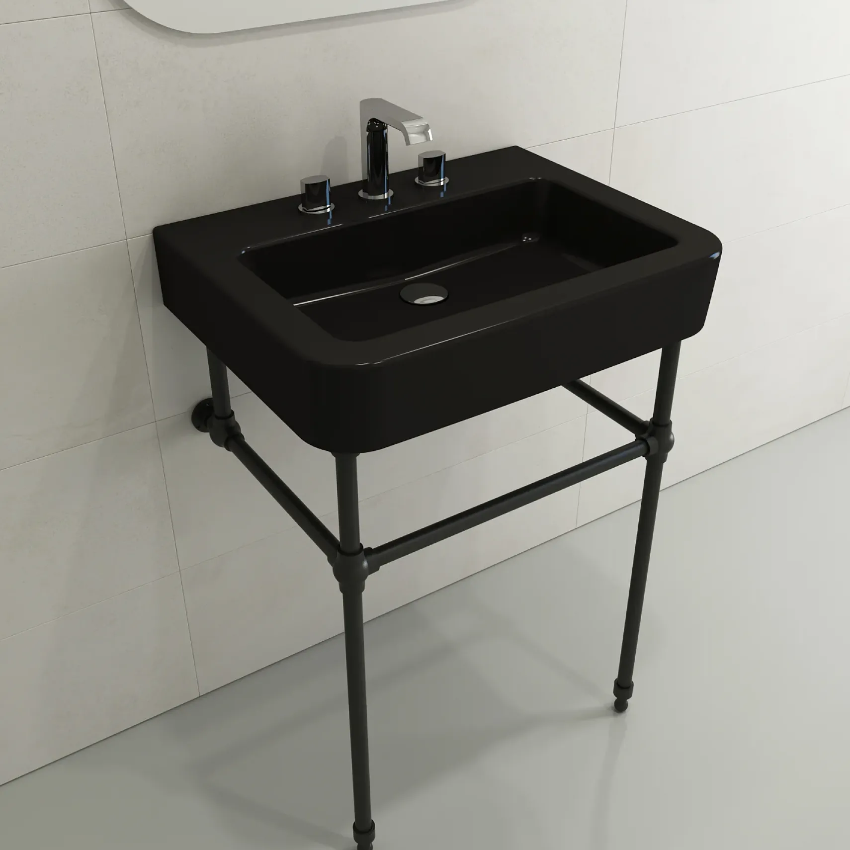 BOCCHI Parma 26" Rectangle Wallmount Fireclay Bathroom Sink, Matte Black, 3 Faucet Hole, 1123-004-0127