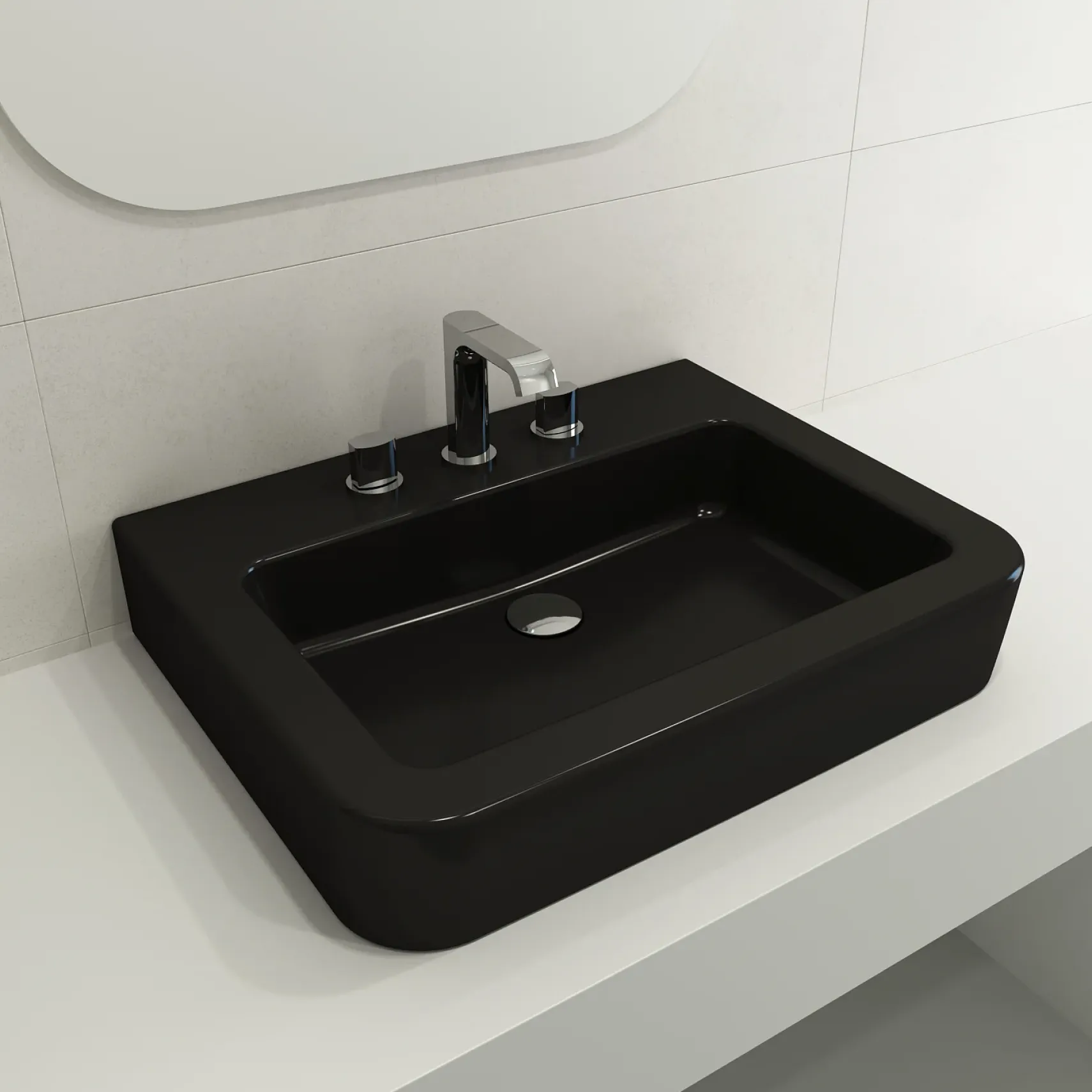 BOCCHI Parma 26" Rectangle Wallmount Fireclay Bathroom Sink, Matte Black, 3 Faucet Hole, 1123-004-0127