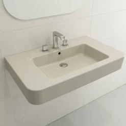 BOCCHI Parma 34" Rectangle Wallmount Fireclay Bathroom Sink, Biscuit, 3 Faucet Hole, 1124-014-0127