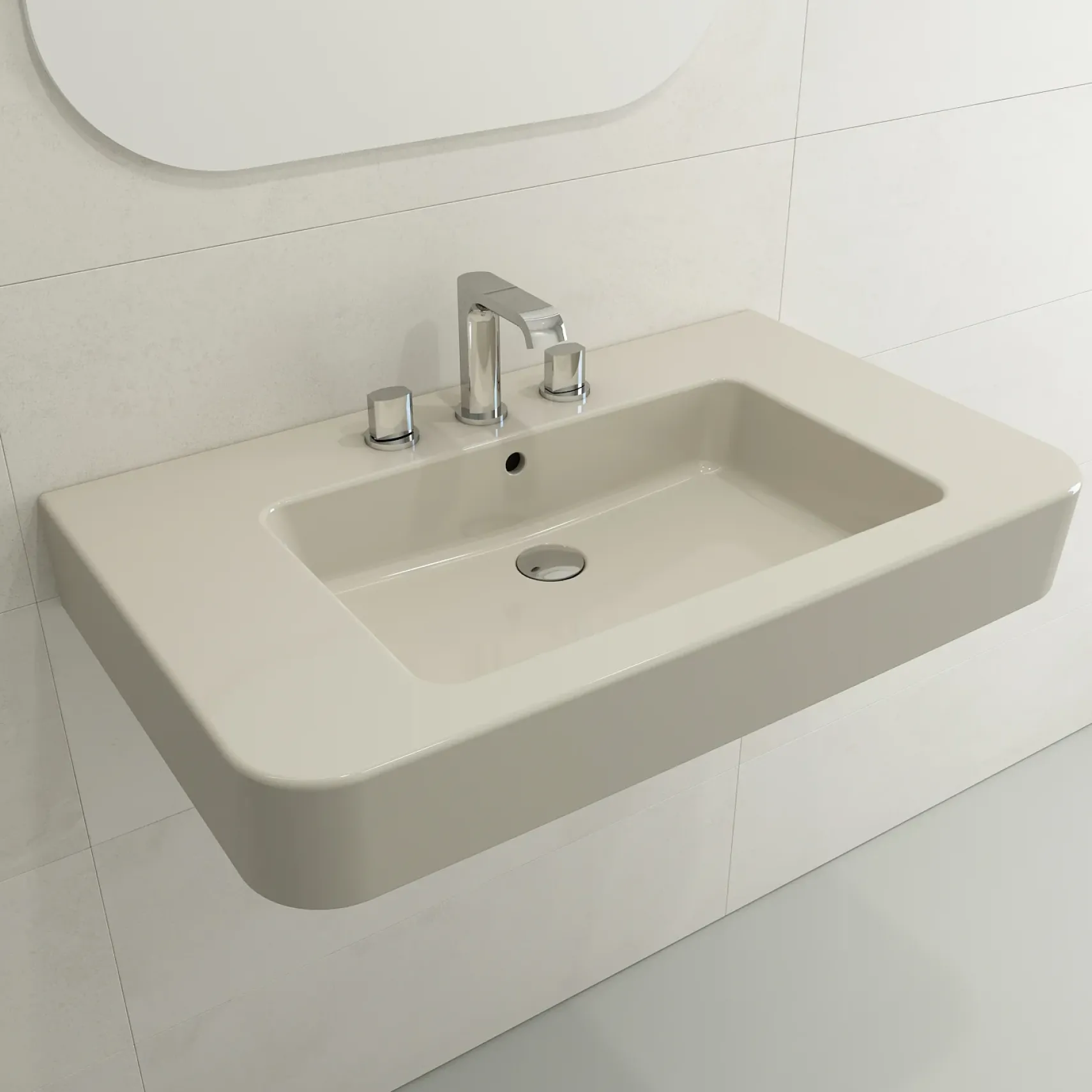 BOCCHI Parma 34" Rectangle Wallmount Fireclay Bathroom Sink, Biscuit, 3 Faucet Hole, 1124-014-0127
