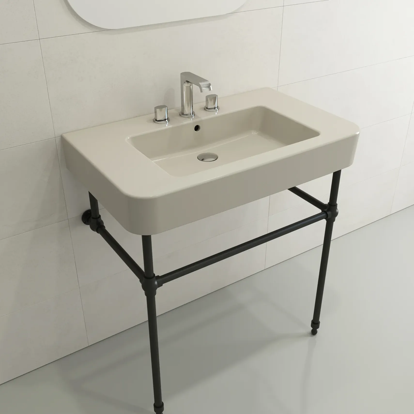 BOCCHI Parma 34" Rectangle Wallmount Fireclay Bathroom Sink, Biscuit, 3 Faucet Hole, 1124-014-0127