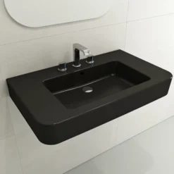 BOCCHI Parma 34" Rectangle Wallmount Fireclay Bathroom Sink, Matte Black, 3 Faucet Hole, 1124-004-0127