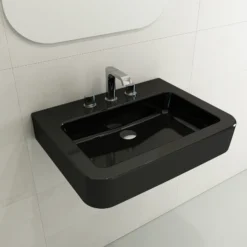 BOCCHI Parma 26" Rectangle Wallmount Fireclay Bathroom Sink, Black, 3 Faucet Hole, 1123-005-0127