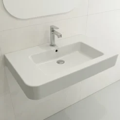 BOCCHI Parma 34" Rectangle Wallmount Fireclay Bathroom Sink, Matte White, Single Faucet Hole, 1124-002-0126