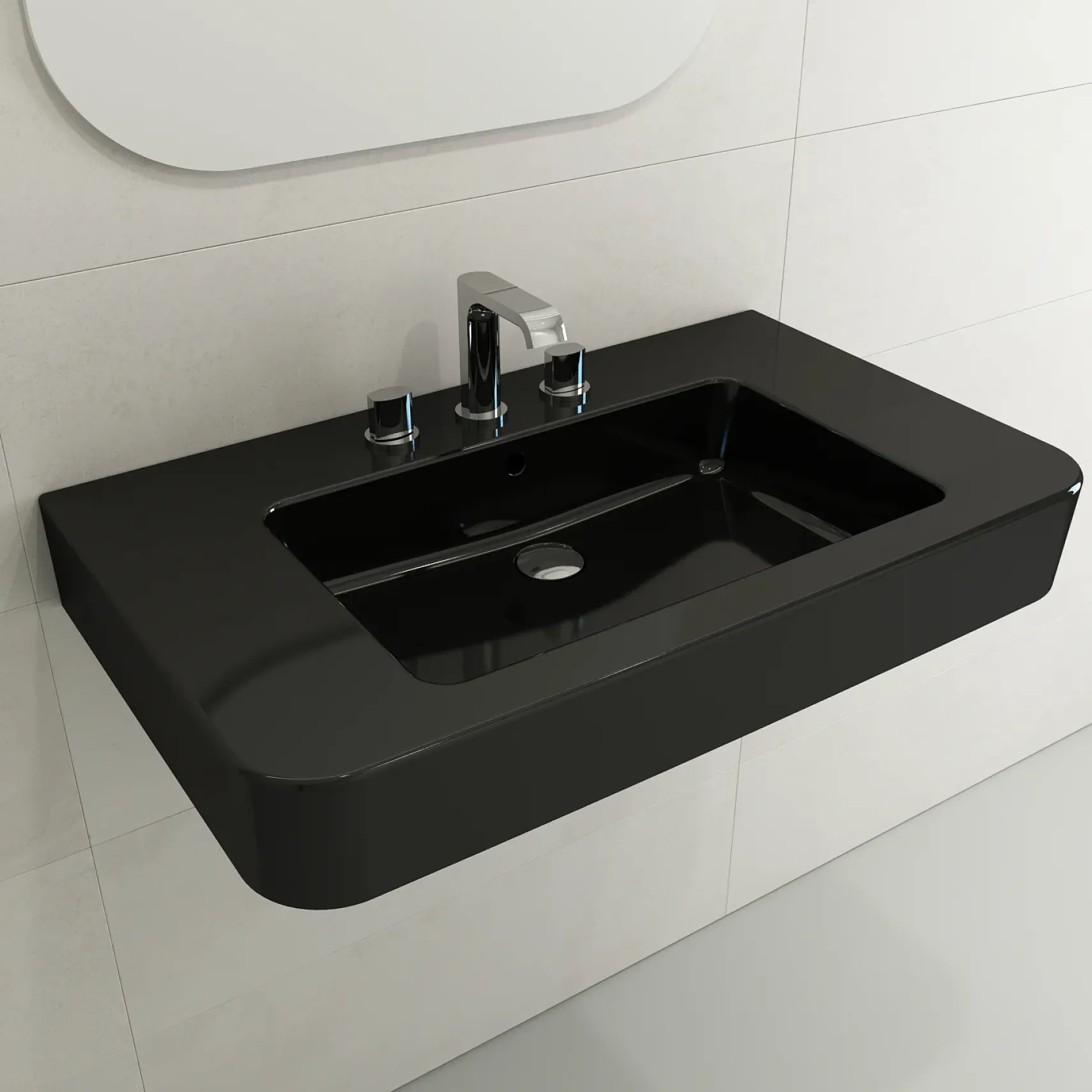BOCCHI Parma 34" Rectangle Wallmount Fireclay Bathroom Sink, Black, 3 Faucet Hole, 1124-005-0127