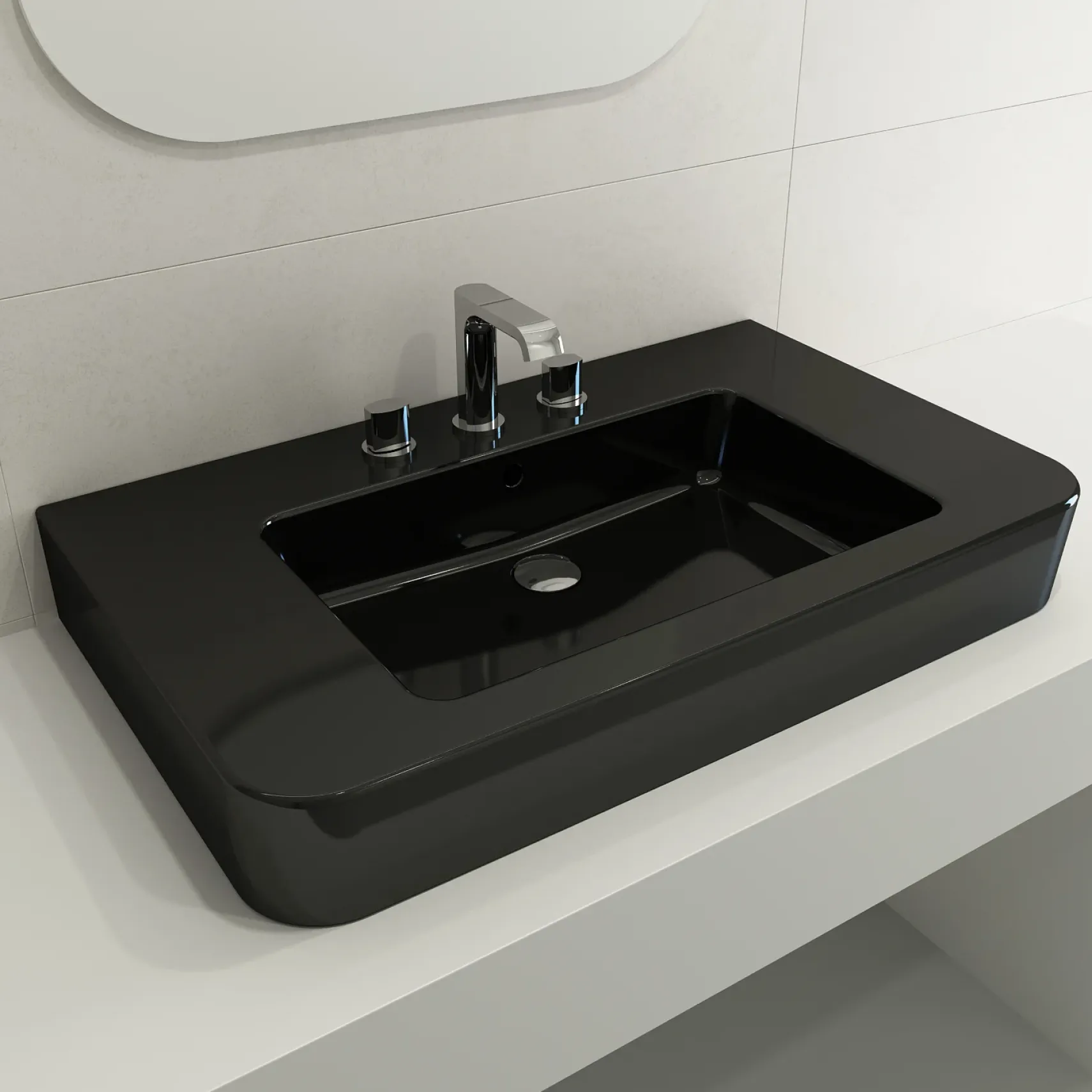 BOCCHI Parma 34" Rectangle Wallmount Fireclay Bathroom Sink, Black, 3 Faucet Hole, 1124-005-0127