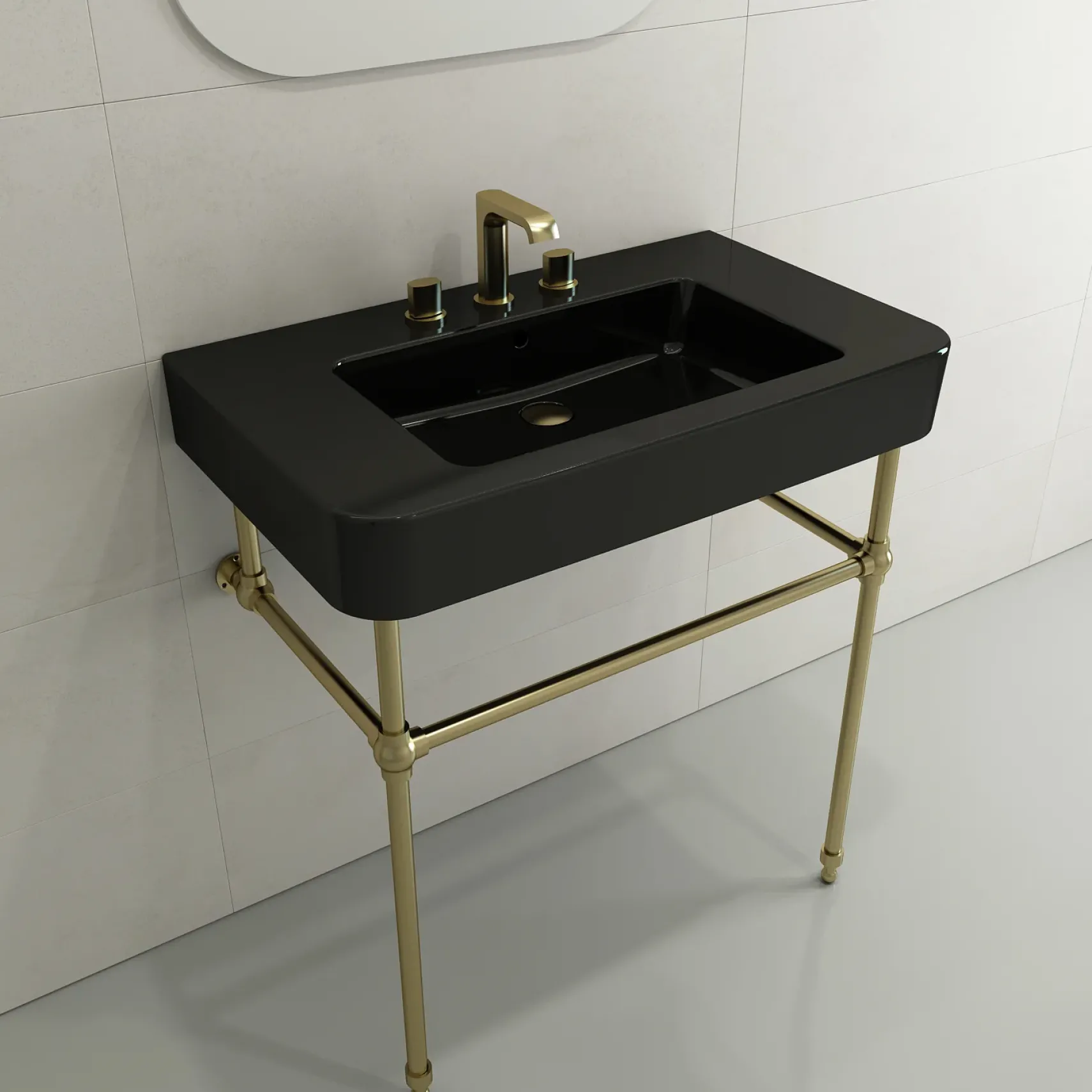 BOCCHI Parma 34" Rectangle Wallmount Fireclay Bathroom Sink, Black, 3 Faucet Hole, 1124-005-0127