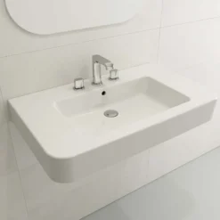 BOCCHI Parma 34" Rectangle Wallmount Fireclay Bathroom Sink, White, 3 Faucet Hole, 1124-001-0127