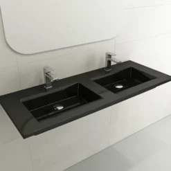 BOCCHI Ravenna 48" Rectangle Wallmount Fireclay Bathroom Sink, Double Basin, Black, Single Faucet Hole, 1111-005-0132