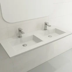 BOCCHI Ravenna 48" Rectangle Wallmount Fireclay Bathroom Sink, Double Basin, Matte White, Single Faucet Hole, 1111-002-0132
